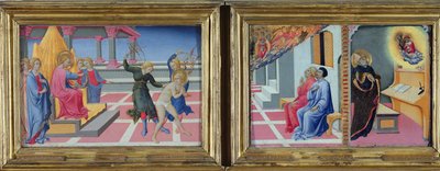 Der Traum des Heiligen Hieronymus und die Erscheinung des Heiligen Hieronymus vor Sulpicius Severus und dem Heiligen Augustinus, 1444 von Sano di Pietro